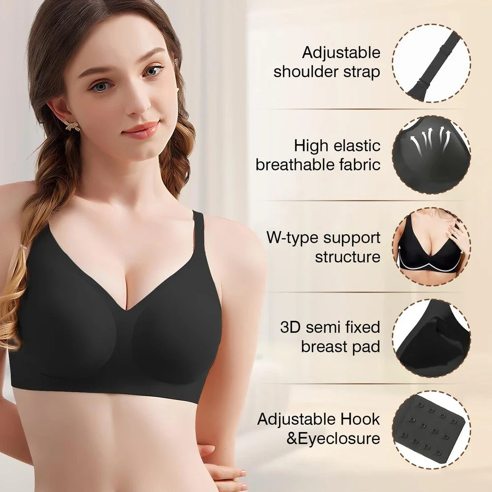 Greoay Women's Black Bras Wireless Push Up Seamless Wire-Free Full Support XL